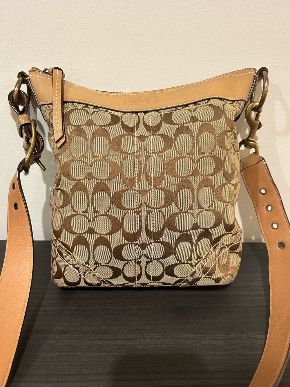 Vintage Coach Tan Brown Logo Canvas & Tan Leather Shoulder/Crossbody Purse